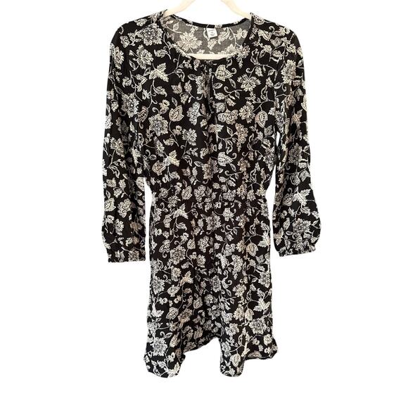Womens Floral Puff Long Sleeve Waisted Mini Length Dress XS Swing Round Neck - Picture 1 of 10